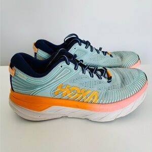 Hoka One One Bondi 7 Running Shoes Blue Fog Hot Coral Women's Size 7.5